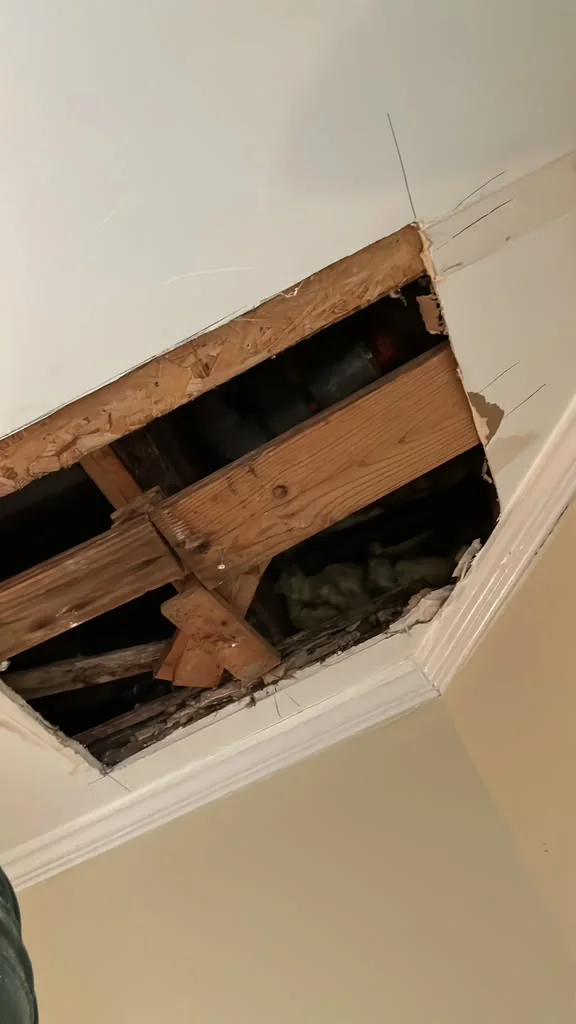 Ceiling opened for drywall repair